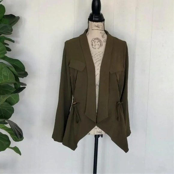 Open Front Drape Jacket Olive Green Size XS/S Drawstring Waist Roll Tag Sleeve - Picture 1 of 10